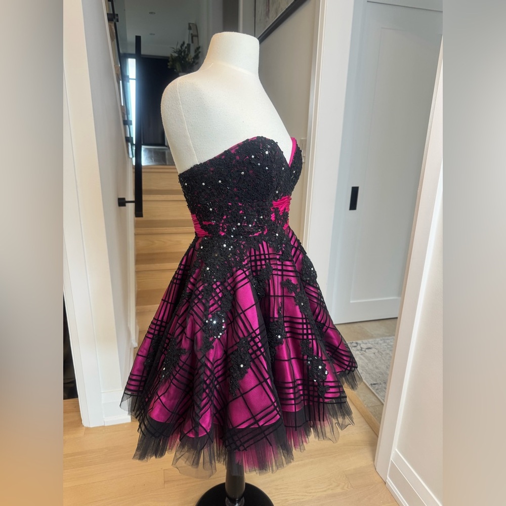 Jovani Strapless Pink & Black Lace Taffeta Party Dress – Size 6 - Picture 2 of 5